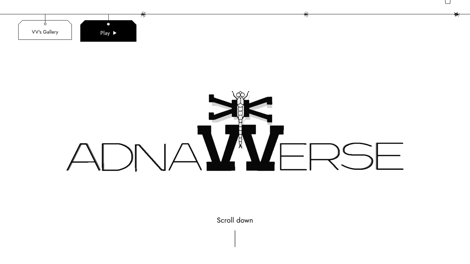 VandaVerse: a black dragonfly perched on the VV of the wordmark, ant hills along a white page.
